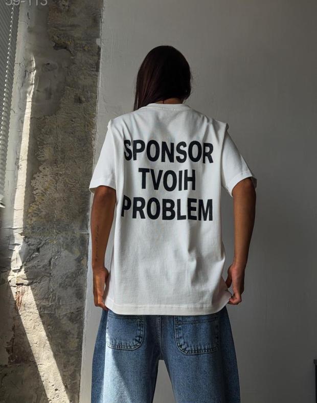 Футболка жіноча біла з написом SPONSOR TVOIH PROBLEM, бавовна з поліестером