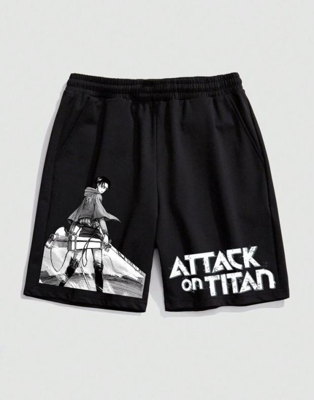 Чоловічі чорні шорти з принтом Attack on Titan, поліестер, для літа