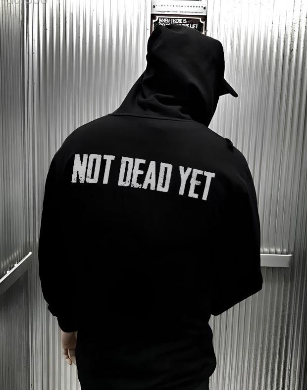Чоловіче худі оверсайз чорне з написом NOT DEAD YET, без утеплення, трьохнитка