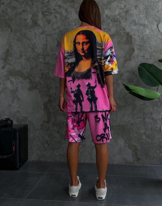 Спортивний костюм жіночий рожевий з принтом Mona Lisa, бавовна/поліестер/еластан, весна/осінь