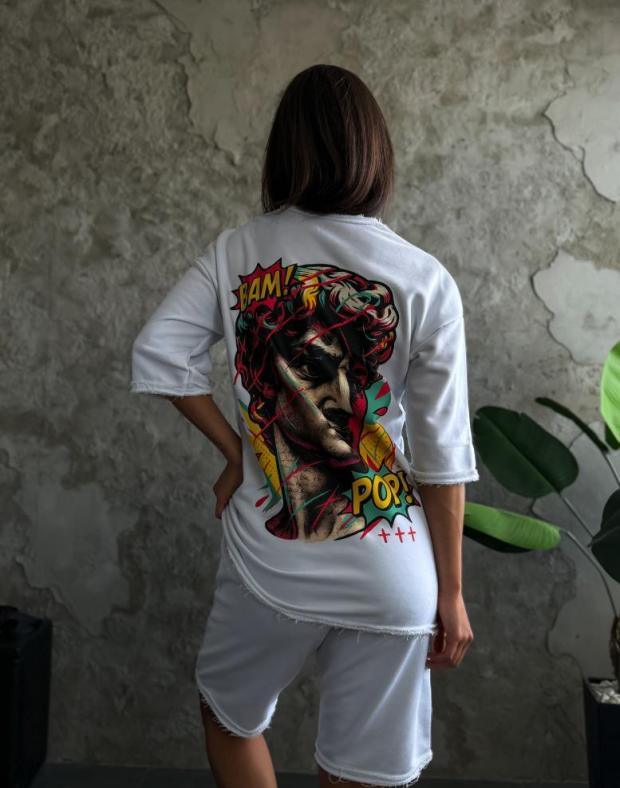 Спортивний костюм жіночий білий з pop-art принтом тринитка весна/осінь - Фото 4