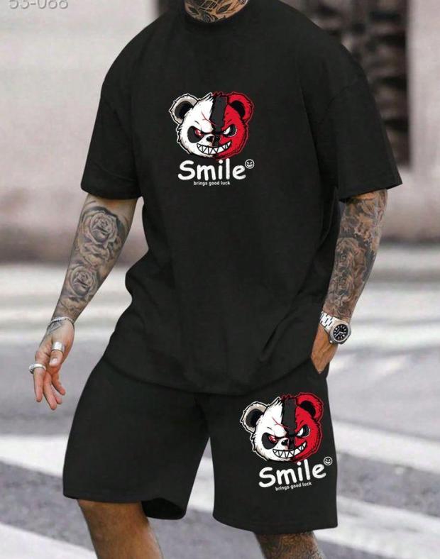 Чоловічий комплект: чорна футболка з принтом та чорні спортивні шорти Smile, літній одяг