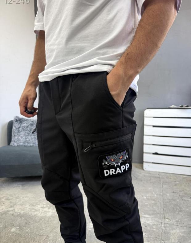 Штани чоловічі чорні Soft Shell утеплені з нашивкою DRAPP фліс - Фото 3