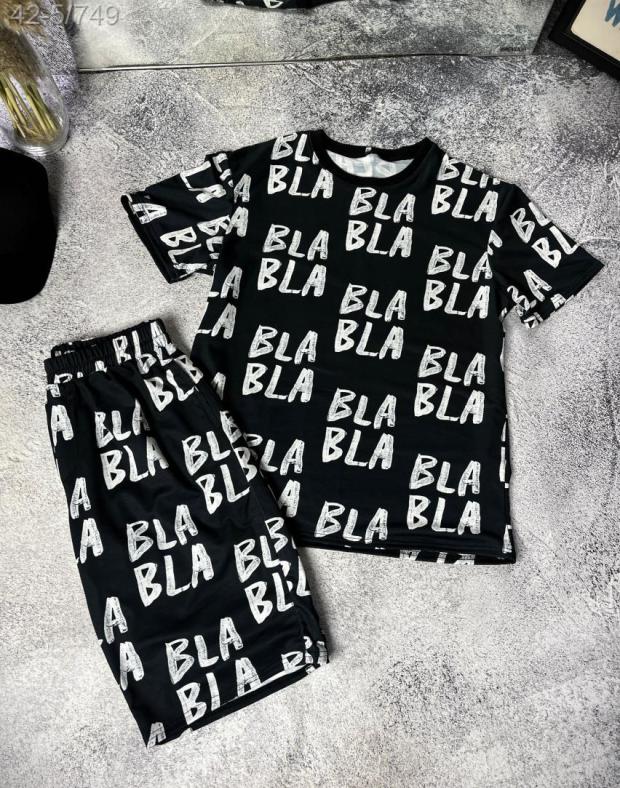 Комплект Футболка+Шорти чоловічий чорний з принтом BLA BLA, бавовна