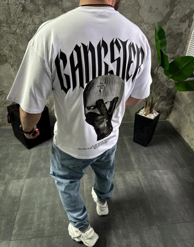 Футболка чоловіча біла оверсайз з DTF принтом Gangster, трикотаж