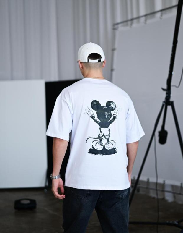 Футболка чоловіча біла оверсайз з принтом Mickey Mouse, бавовна