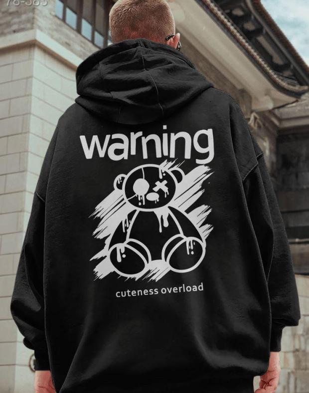 Чоловіче чорне худі оверсайз з принтом ведмедика Warning