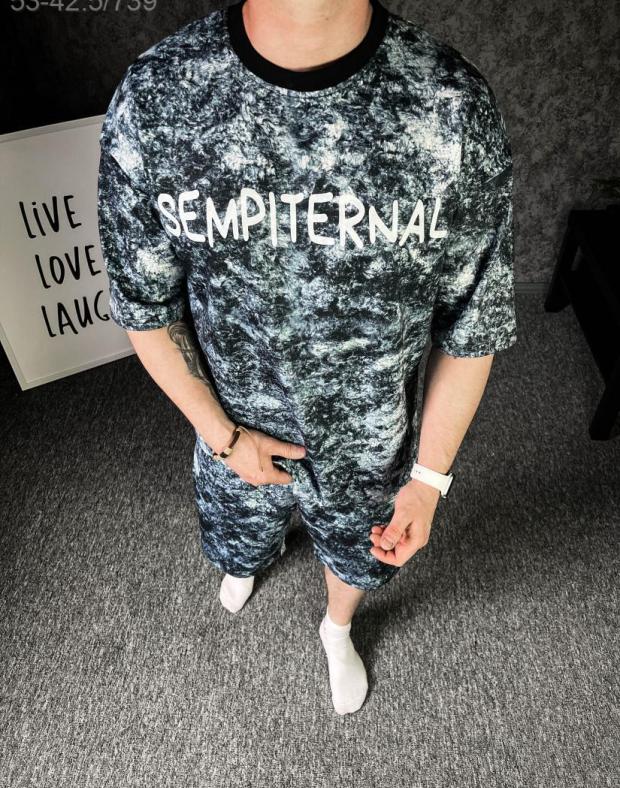 Комплект Футболка+Шорти чоловічий синій мармуровий з написом SEMpiternal, оверсайз