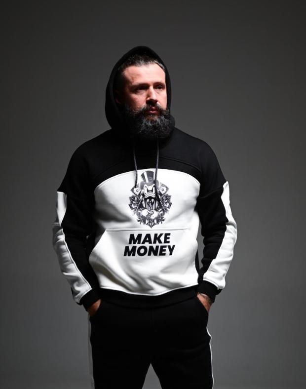 Спортивний костюм чоловічий чорний з білими вставками на флісі з принтом Make Money, зима/весна/осінь - Фото 5