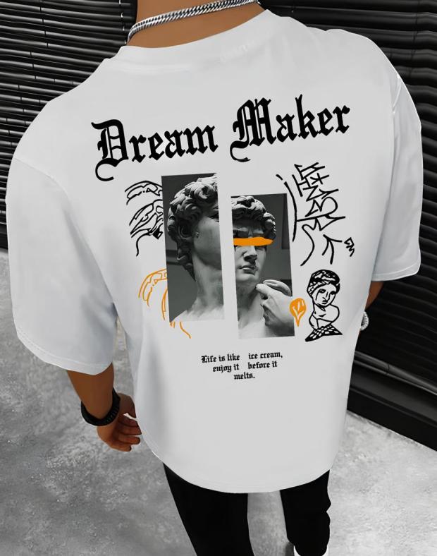 Чоловіча біла футболка оверсайз з принтом Dream Maker, 100% бавовна
