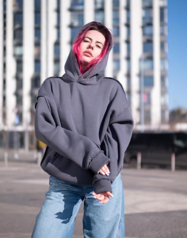 Худі жіноче темно-сіре oversize на флісі - Фото 4