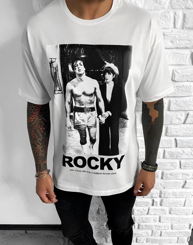 Чоловіча біла футболка oversize з принтом Rocky, 100% бавовна