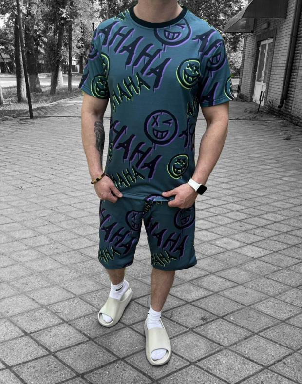 Спортивний костюм чоловічий бірюзовий з принтом HAHA, літо