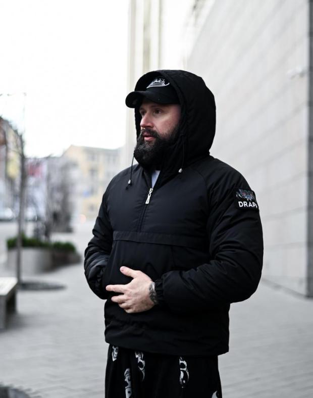 Анорак чоловічий чорний утеплений з патчем, плащівка