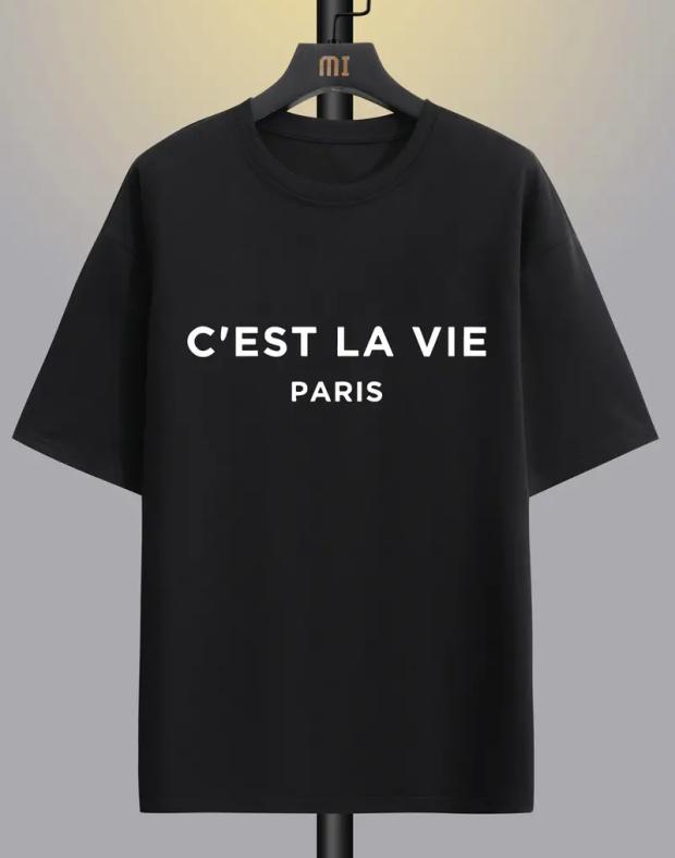 Чоловіча чорна футболка оверсайз з принтом C’EST LA VIE PARIS, бавовна