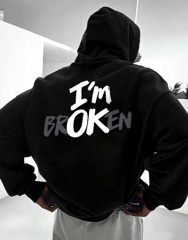 Худі унісекс чорне оверсайз з принтом I'm BROKEN/OK, тринитка