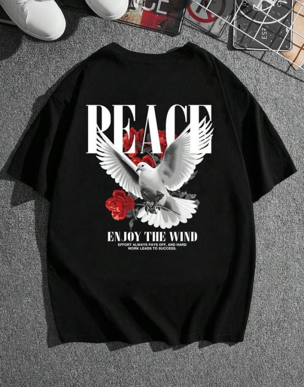 Чоловіча чорна футболка з принтом «Peace» DTF, 100% бавовна