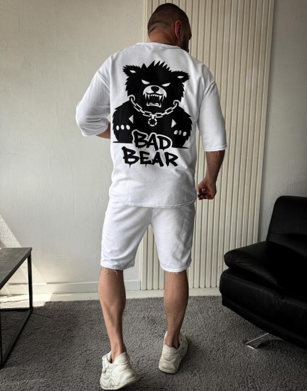 Комплект Футболка+Шорти чоловічий білий оверсайз з принтом Bad Bear, бавовна
