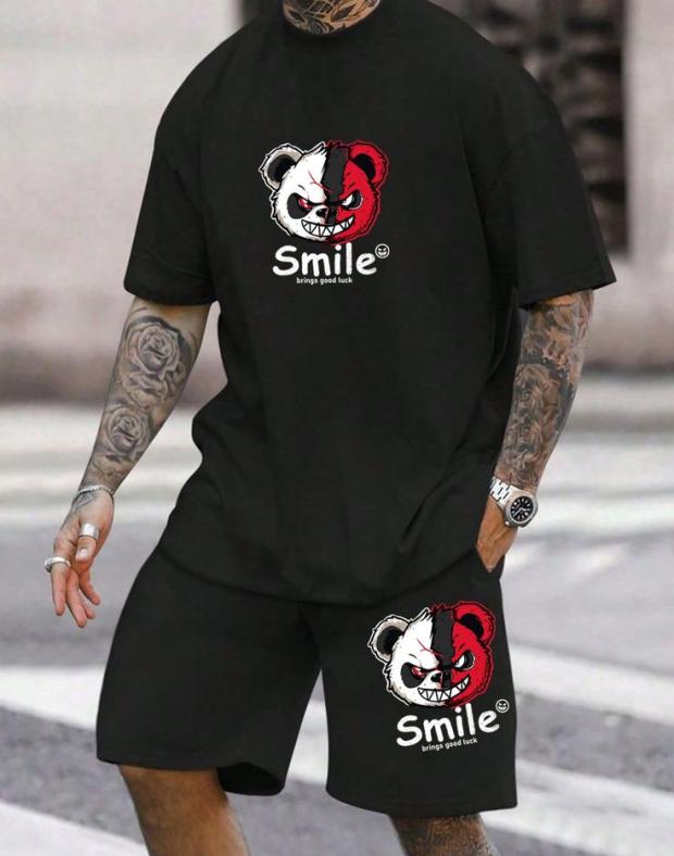 Чоловічий комплект: чорна футболка з принтом та чорні спортивні шорти Smile, літній одяг