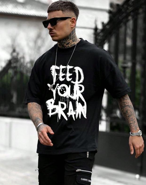 Чорна чоловіча футболка оверсайз з принтом FEED YOUR BRAIN, 100% бавовна