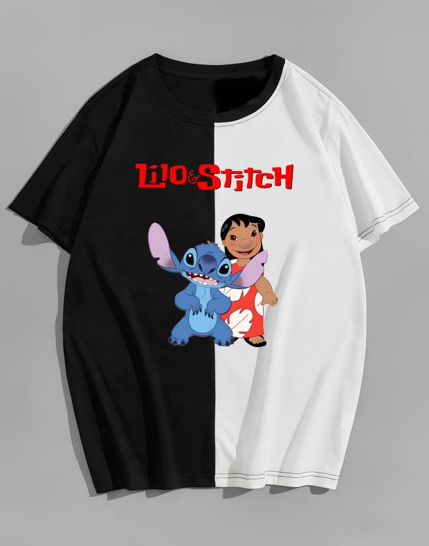 Футболка унісекс чорно-біла оверсайз з принтом Lilo & Stitch, бавовна/поліестер