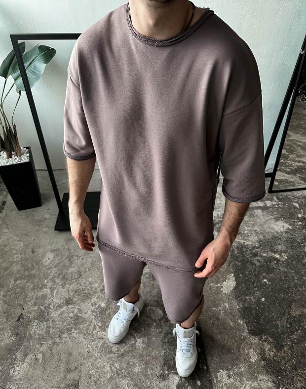 Комплект футболка+шорти чоловічий коричневий oversize, трикотаж
