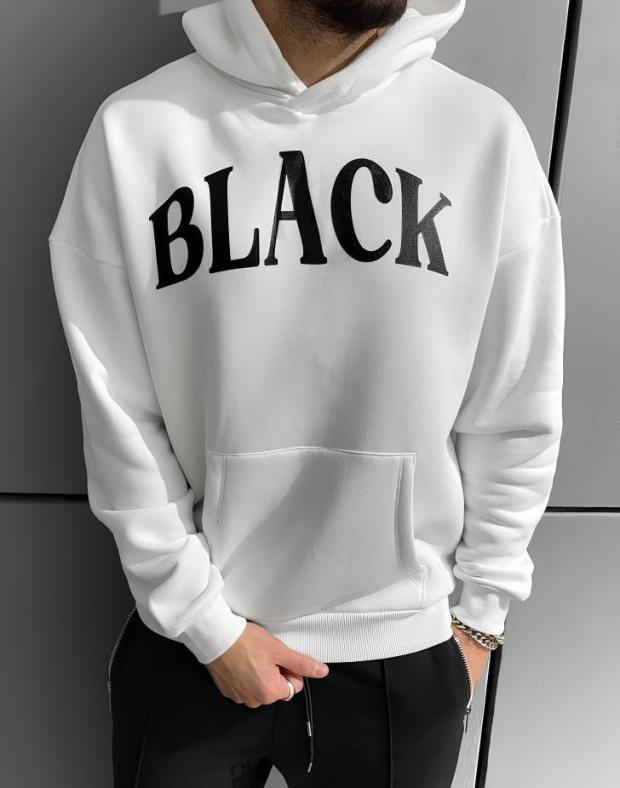 Чоловіче біле худі оверсайз з принтом BLACK, бавовна