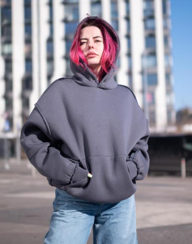 Худі жіноче темно-сіре oversize на флісі - Фото 3
