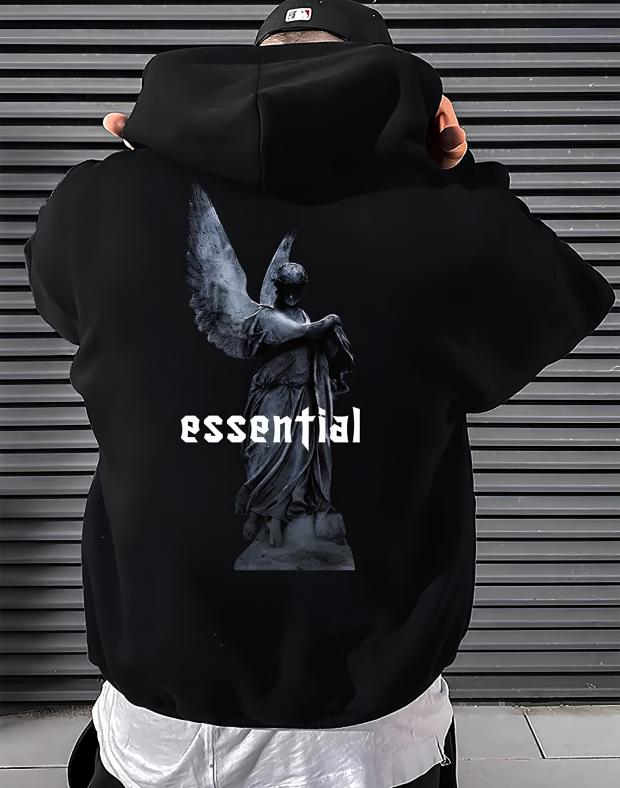Чоловіче худі оверсайз з принтом на спині Essential, чорне, весна
