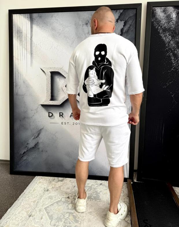 Комплект Футболка+Шорти чоловічий білий оверсайз з чорним принтом, трикотаж
