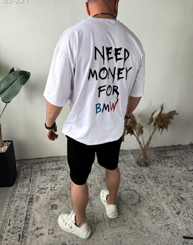 Чоловічий комплект: оверсайз футболка «Need Money for BMW» біла + чорні шорти, бавовна, літній одяг