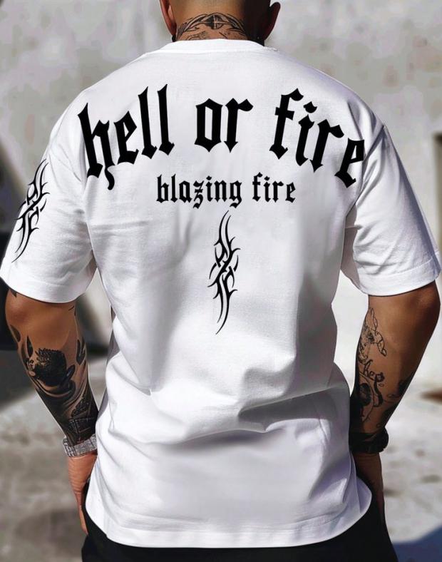 Чоловіча біла футболка oversize з принтом Hell or Fire, 100% бавовна