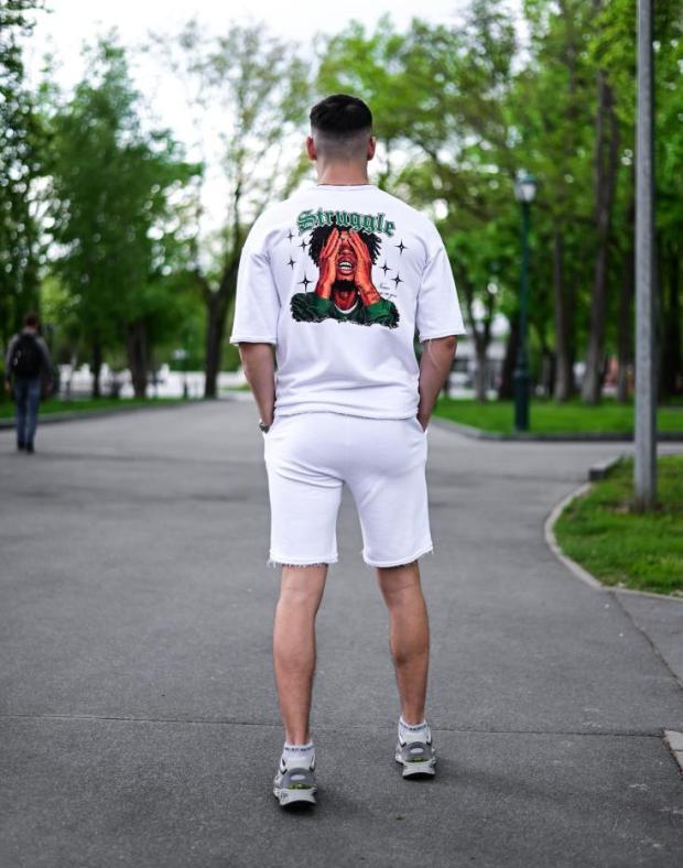 Комплект Футболка+Шорти чоловічий білий з принтом Struggle оверсайз бавовна з поліестером - Фото 6