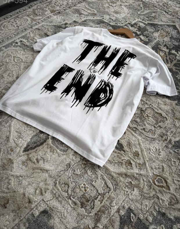 Футболка чоловіча біла оверсайз з принтом THE END, бавовна поліестер