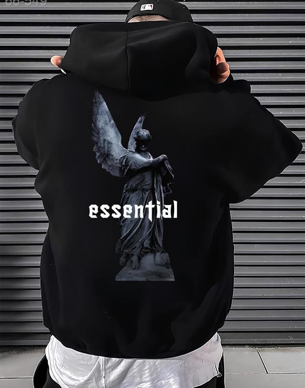 Чоловіче худі оверсайз з принтом на спині Essential, чорне, весна