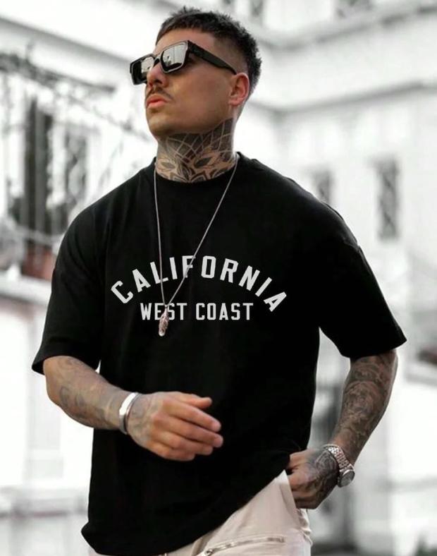 Чоловіча футболка оверсайз чорна з принтом California West Coast, бавовна