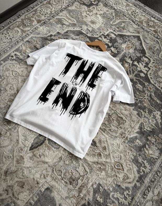 Футболка чоловіча біла оверсайз з принтом THE END, бавовна поліестер