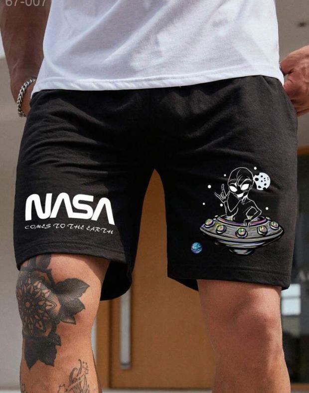 Чоловічі чорні шорти з принтом NASA та інопланетянина, бавовна