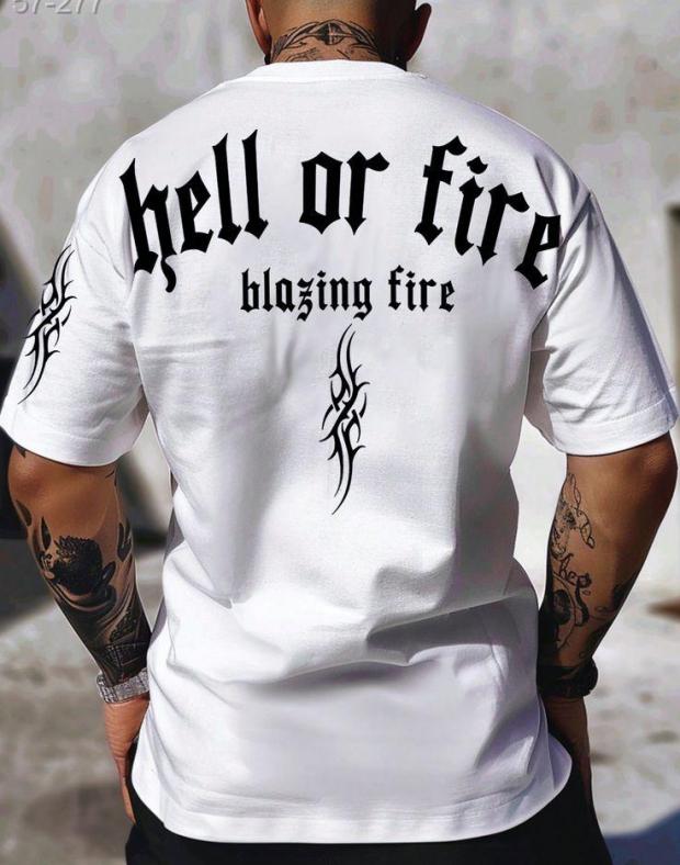 Чоловіча біла футболка oversize з принтом Hell or Fire, 100% бавовна