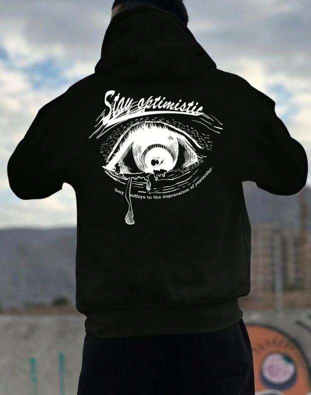 Чоловіча худі оверсайз з принтом Stay optimistic, чорна, фліс