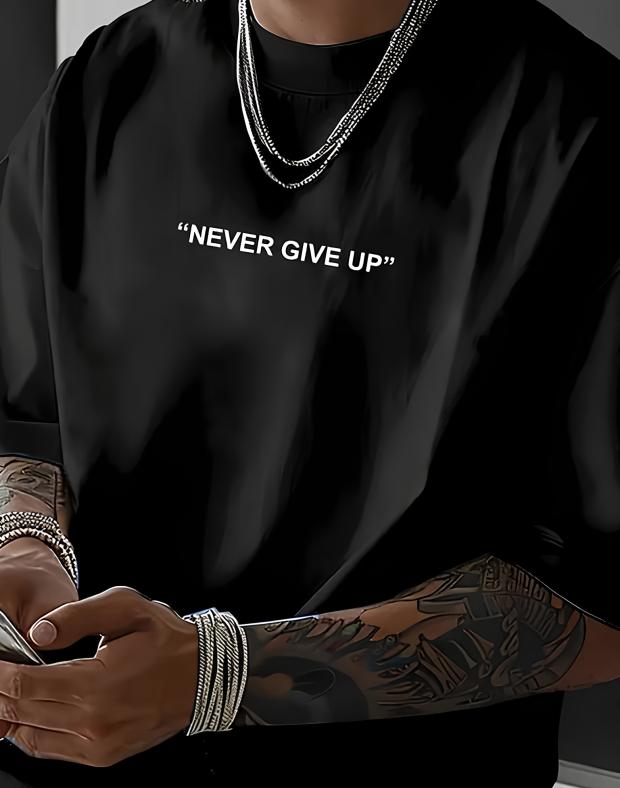 Футболка чоловіча чорна оверсайз з принтом NEVER GIVE UP, бавовна з поліестером