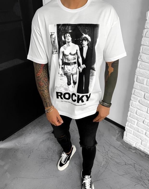 Чоловіча біла футболка oversize з принтом Rocky, 100% бавовна