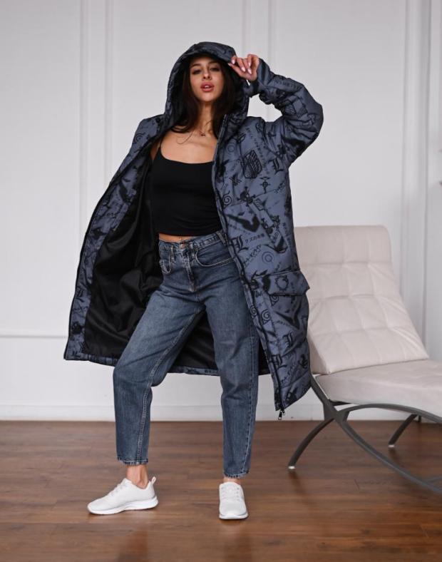 Куртка жіноча темно-синя подовжена з принтом, плащова тканина, зимова - Фото 8