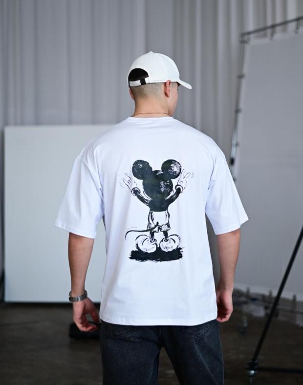 Футболка чоловіча біла оверсайз з принтом Mickey Mouse, бавовна