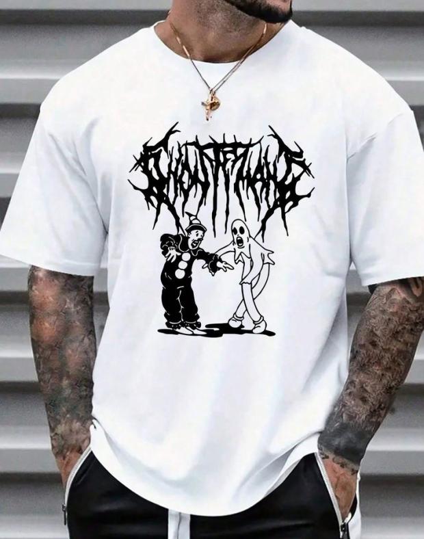 Футболка чоловіча біла оверсайз з принтом клоун і привид, бавовна