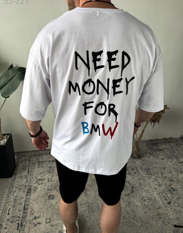 Чоловічий комплект: оверсайз футболка «Need Money for BMW» біла + чорні шорти, бавовна, літній одяг