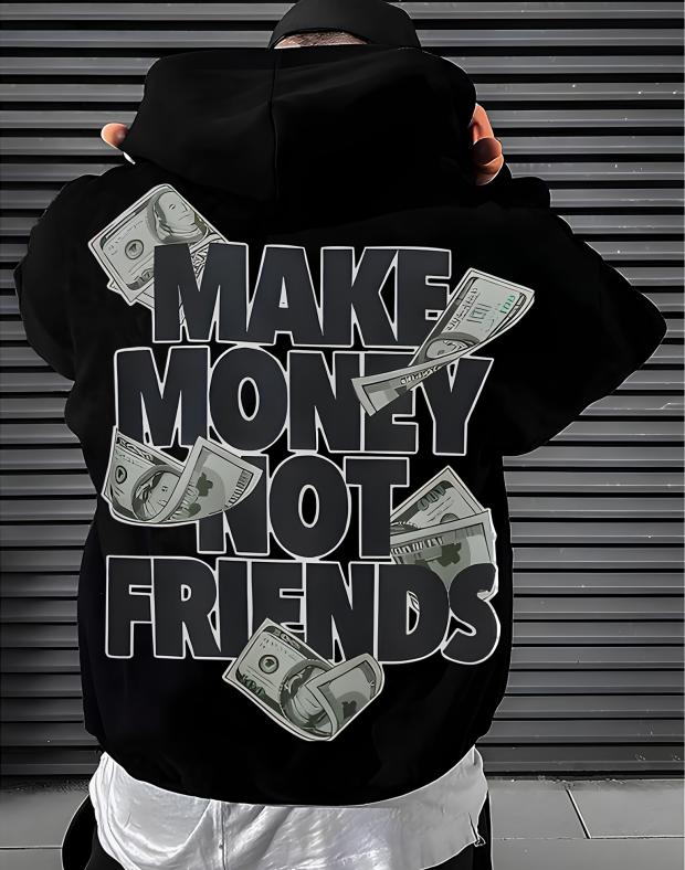 Худі унісекс чорне оверсайз з принтом MAKE MONEY NOT FRIENDS, бавовна