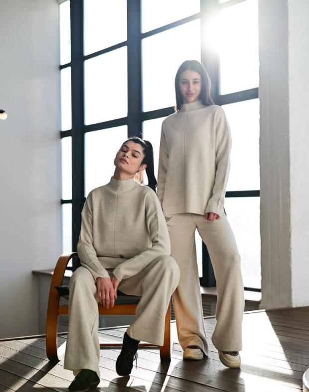 Спортивний костюм жіночий світло-бежевий relaxed fit бавовна, осінь/зима - Фото 6