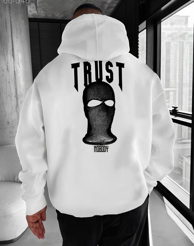 Чоловіче худі оверсайз біле з принтом Trust Nobody, ДТФ друк, весняний одяг