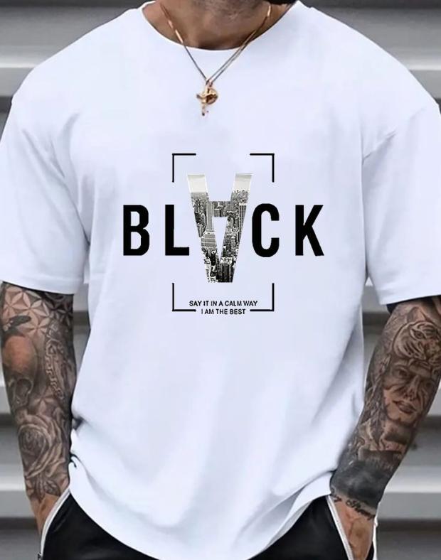 Біла чоловіча футболка оверсайз з принтом BLVCK, 100% бавовна
